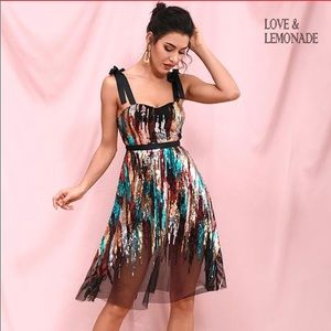 Bow straps sequin mesh dress